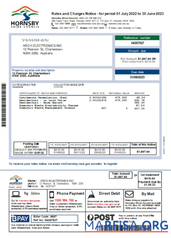 Blank NSW Hornsby Shire Council utility business bill SCR download for verification